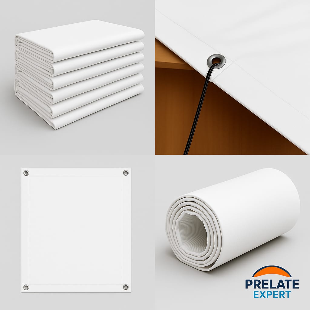 Prelată albă cauciucată în diferite poziții: rulată, împăturită, close-up cu inelele, sau întinsă