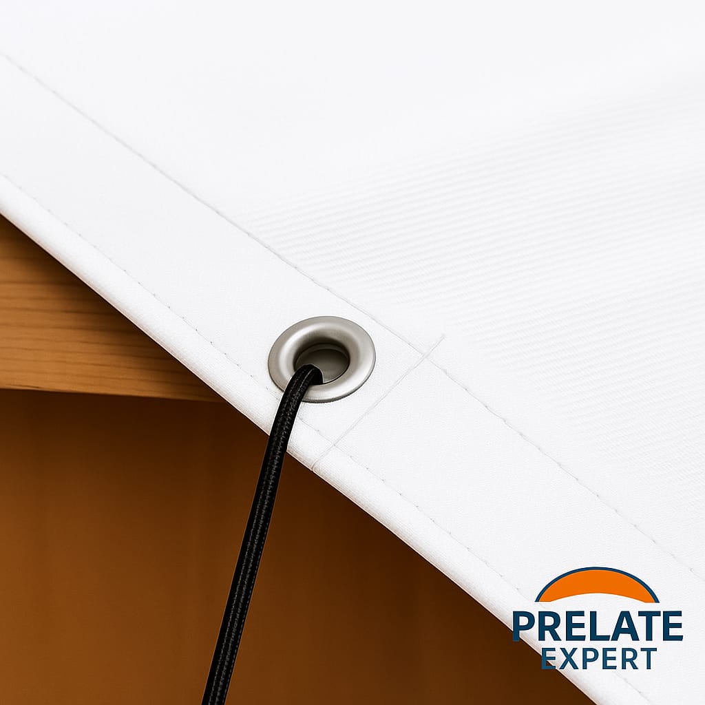 Close-up cu inelele metalice ale prelatei - sistem de fixare rezistent și durabil